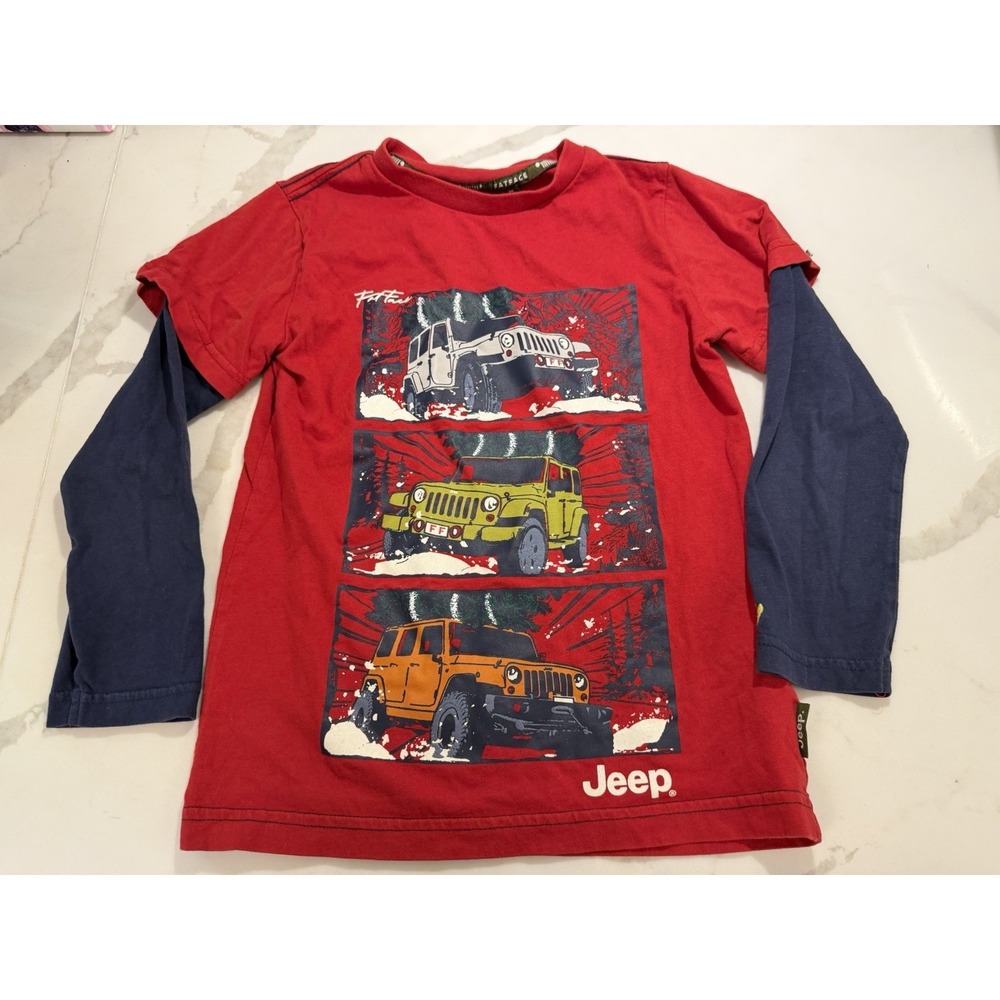 Fatface Boys Red Blue Jeep Long Sleeve  Layered T-Shirt Sz 6-7 Play Date Patriot